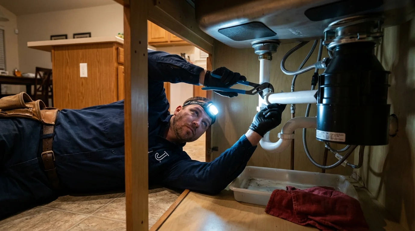 P-trap and supply line connections under a kitchen sink showing a common leak point in Astoria, NY